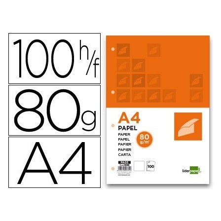 PAPEL LIDERPAPEL A4 80G/M2 PAQUETE DE 100 4 TALADROS BLANCO