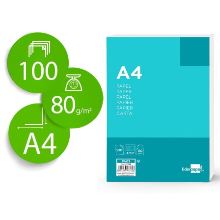 PAPEL LIDERPAPEL A4 80G/M2 SIN TALADROS CUADRO 4 MM PAQUETE DE 100 ...
