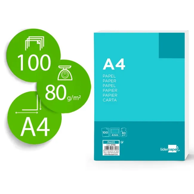 PAPEL LIDERPAPEL A4 80G/M2 SIN TALADROS CUADRO 4 MM PAQUETE DE 100 ...