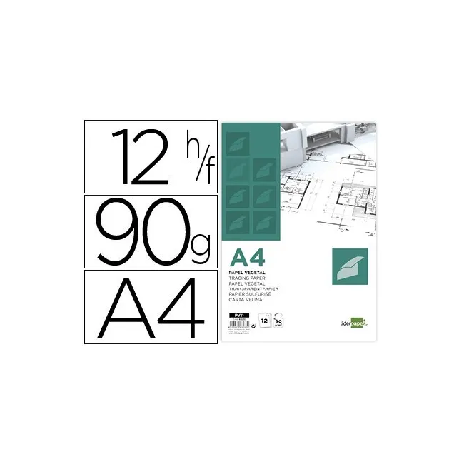 PAPEL DIBUJO LIDERPAPEL A4 210X297MM 90G/M2 VEGETAL SOBRE DE 12 HOJAS