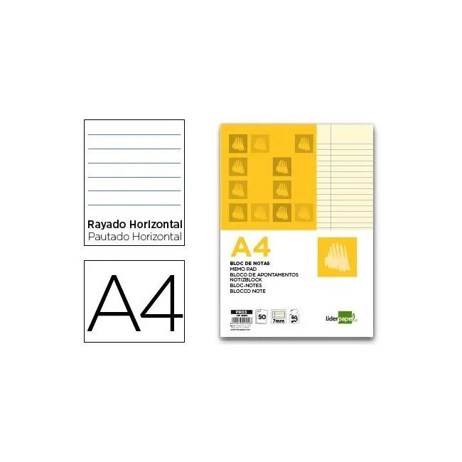 BLOC NOTAS LIDERPAPEL HORIZONTAL A4 50 HOJAS AMARILLAS 60G/M2 ENCOLADO