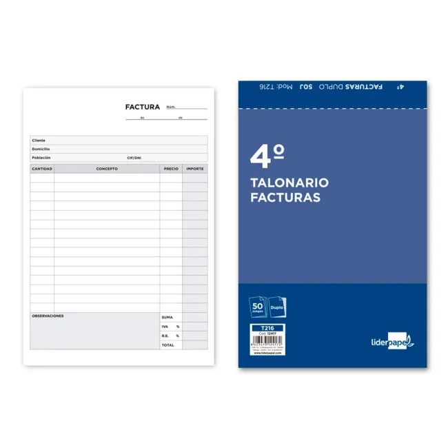 TALONARIO LIDERPAPEL FACTURAS CUARTO ORIGINAL Y COPIA T216 CON I.V.A.