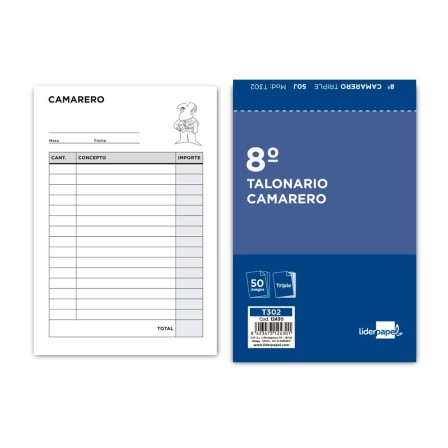 TALONARIO LIDERPAPEL CAMARERO 8º ORIGINAL Y 2 COPIAS T302