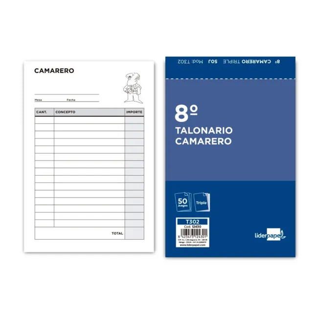 TALONARIO LIDERPAPEL CAMARERO 8º ORIGINAL Y 2 COPIAS T302
