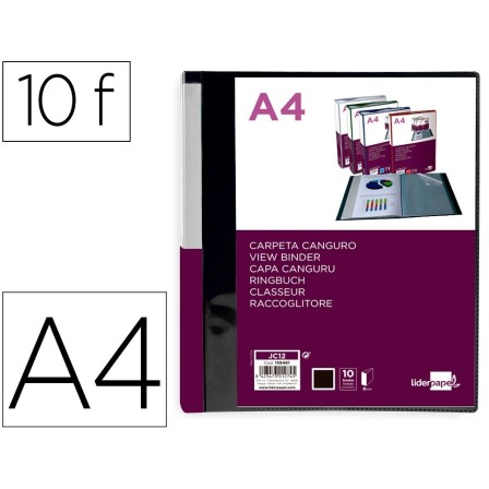 CARPETA LIDERPAPEL 10 FUNDAS CANGURO PP DIN A4 NEGRO OPACO PORTADA ...