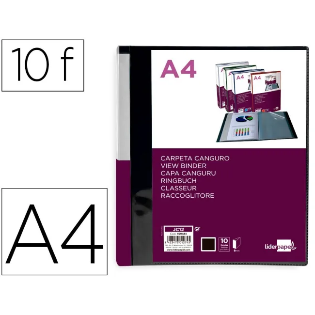 CARPETA LIDERPAPEL 10 FUNDAS CANGURO PP DIN A4 NEGRO OPACO PORTADA ...