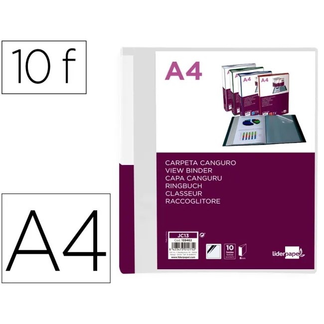 CARPETA LIDERPAPEL 10 FUNDAS CANGURO PP DIN A4 TRANSPARENTEPORTADA ...