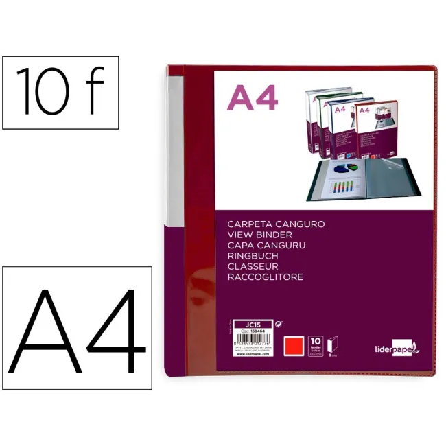 CARPETA LIDERPAPEL 10 FUNDAS CANGURO PP DIN A4 ROJO TRANSLUCIDO POR...