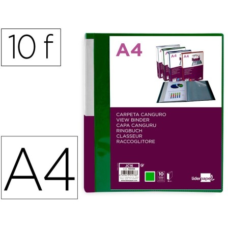 CARPETA LIDERPAPEL 10 FUNDAS CANGURO PP DIN A4 VERDE TRANSLUCIDO PO...