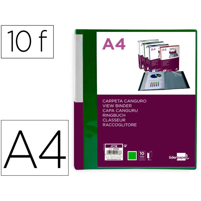 CARPETA LIDERPAPEL 10 FUNDAS CANGURO PP DIN A4 VERDE TRANSLUCIDO PO...