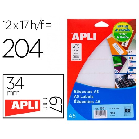 ETIQUETA ADHESIVA APLI BLANCA 12X30 MM SOBRE A5 DE 990 UNIDADES