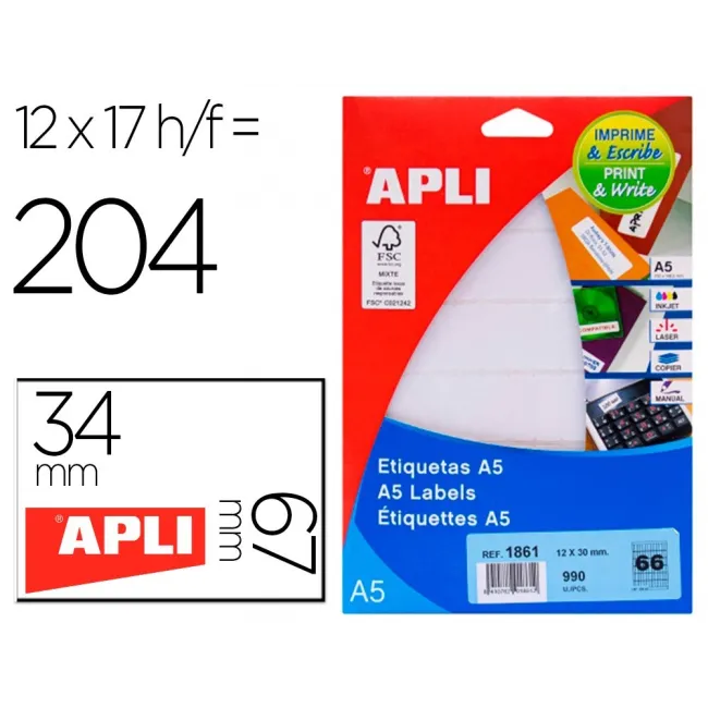 ETIQUETA ADHESIVA APLI BLANCA 12X30 MM SOBRE A5 DE 990 UNIDADES