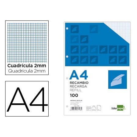 RECAMBIO LIDERPAPEL A4 100 HOJAS 100G/M2 CUADRO 2MM CON MARGEN 4 TA...