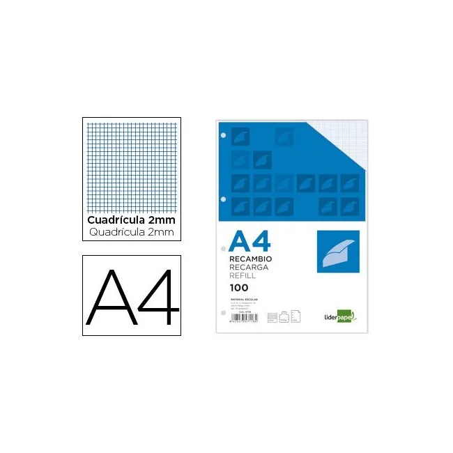 RECAMBIO LIDERPAPEL A4 100 HOJAS 100G/M2 CUADRO 2MM CON MARGEN 4 TA...