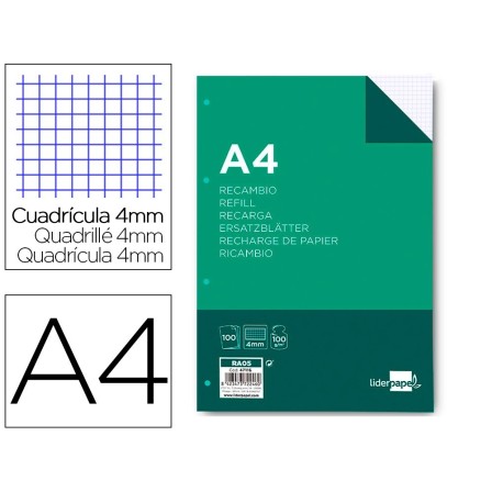 RECAMBIO LIDERPAPEL A4 100 HOJAS 100G/M2 CUADRO 4MM CON MARGEN 4 TA...