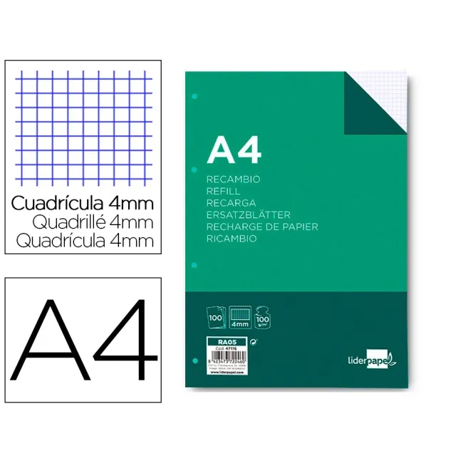 RECAMBIO LIDERPAPEL A4 100 HOJAS 100G/M2 CUADRO 4MM CON MARGEN 4 TA...
