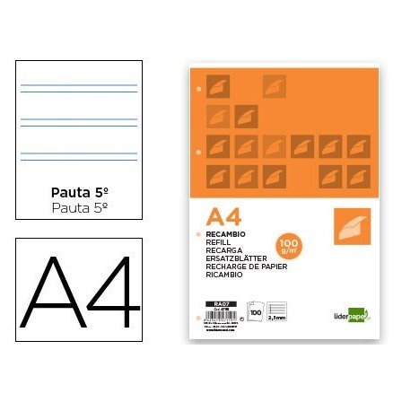 RECAMBIO LIDERPAPEL A4 100 HOJAS 100G/M2 PAUTA 5¬ 2.5MM CON MARGEN ...