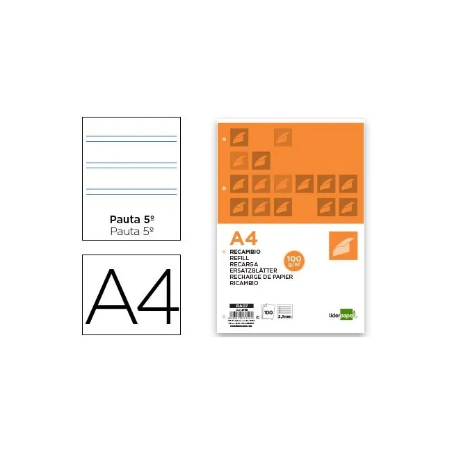 RECAMBIO LIDERPAPEL A4 100 HOJAS 100G/M2 PAUTA 5¬ 2.5MM CON MARGEN ...