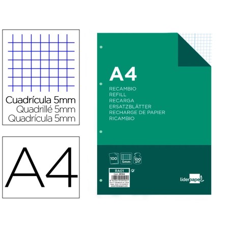 RECAMBIO LIDERPAPEL A4 100 HOJAS 100G/M2 CUADRO 5MM CON MARGEN 4 TA...