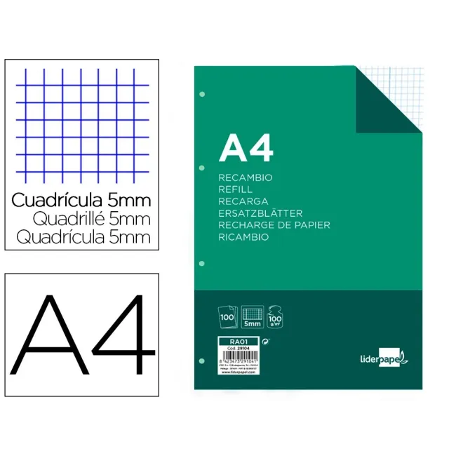 RECAMBIO LIDERPAPEL A4 100 HOJAS 100G/M2 CUADRO 5MM CON MARGEN 4 TA...
