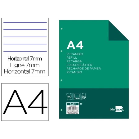 RECAMBIO LIDERPAPEL A4 100 HOJAS 100G/M2 HORIZONTAL CON DDOBLE MARG...