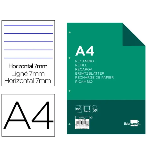 RECAMBIO LIDERPAPEL A4 100 HOJAS 100G/M2 HORIZONTAL CON DDOBLE MARG...