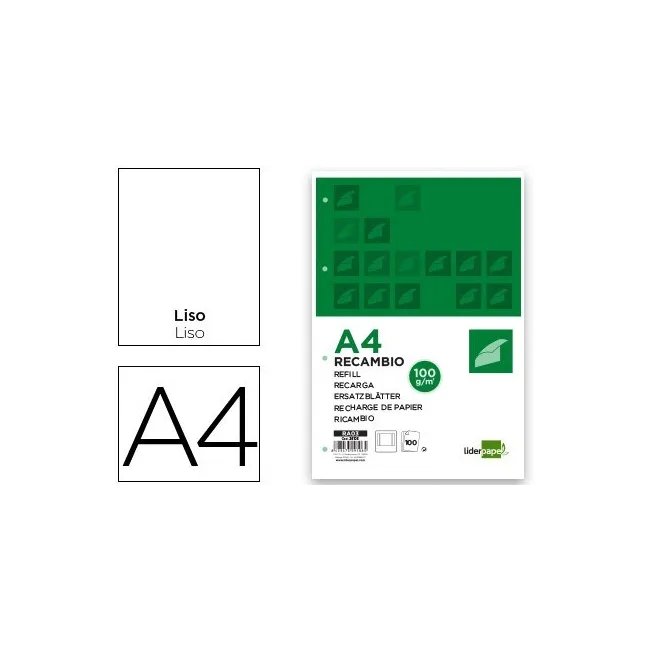 RECAMBIO LIDERPAPEL A4 100 HOJAS 100G/M2 LISO CON MARGEN 4 TALADROS