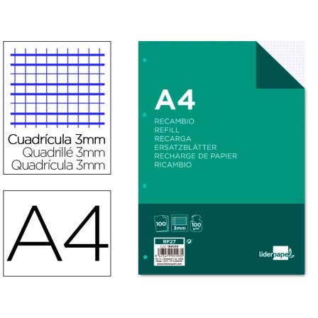 RECAMBIO LIDERPAPEL A4 100 HOJAS 100G/M2 CUADRO 3MM CON MARGEN 4 TA...