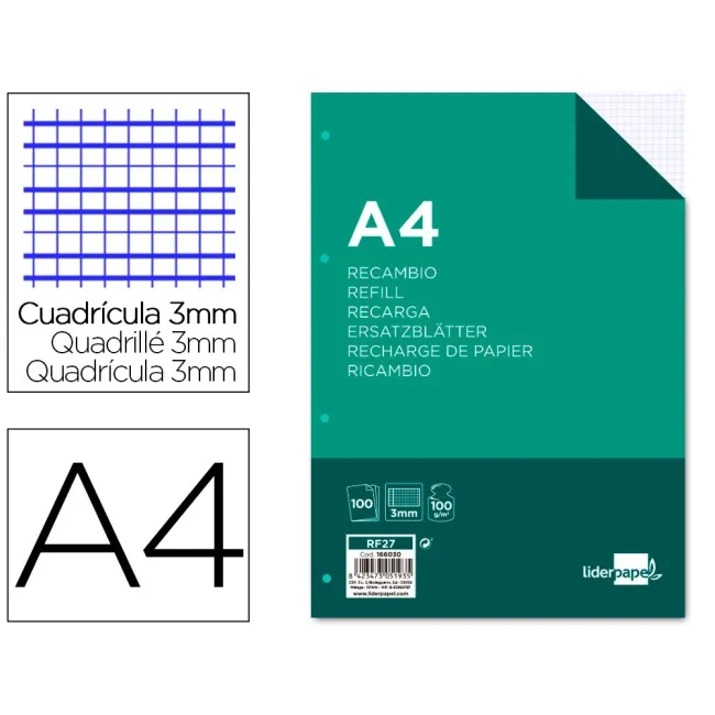 RECAMBIO LIDERPAPEL A4 100 HOJAS 100G/M2 CUADRO 3MM CON MARGEN 4 TA...