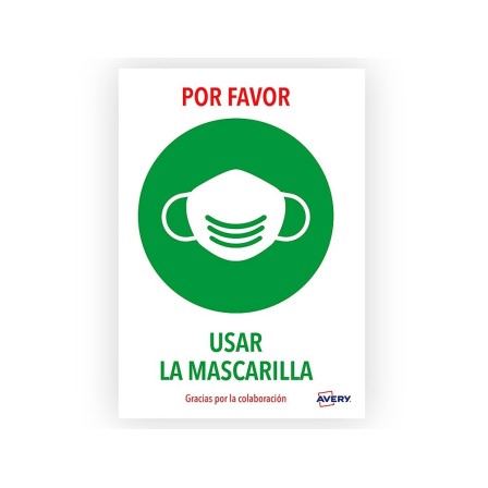 SEÑAL ADHESIVA AVERY USAR LA MASCARILLA DIN A4 RESISTENTE A LOS RAY...