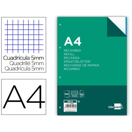 RECAMBIO LIDERPAPEL A4 100 HOJAS 100 G/M2 CUADRO 5 MM 4 TALADROS BA...