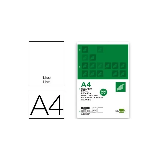 RECAMBIO LIDERPAPEL A4 100 HOJAS 100G/M2 LISO SIN MARGEN 4 TALADROS
