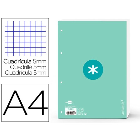 RECAMBIO LIDERPAPEL A4 ANTARTIK 80 HOJAS 90G/M2 CUADRO 5 MM 4 TALAD...