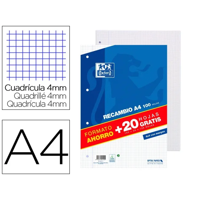 RECAMBIO OXFORD DIN A4 100 + 20 HOJAS GRATIS 90 GR CUADRO 4 MM 4 TA...