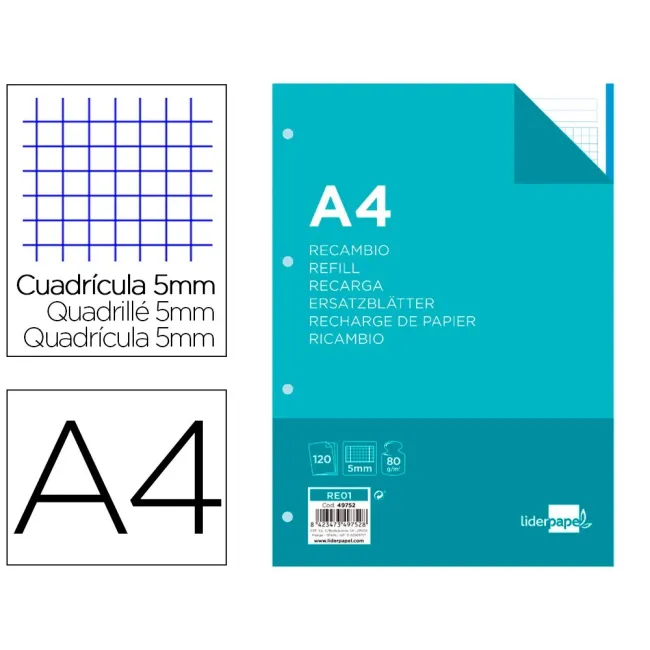 RECAMBIO LIDERPAPEL A4 120 HOJAS 80G/M2 CUADRO 5MM SIN MARGEN 4 TAL...