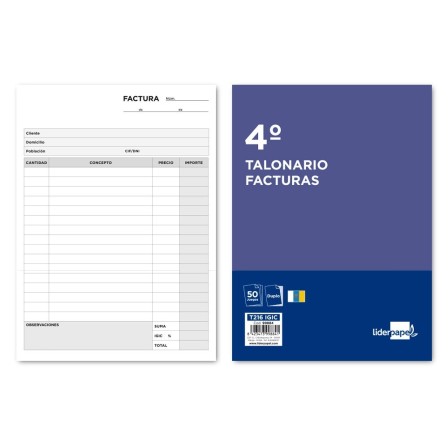 TALONARIO LIDERPAPEL FACTURAS CUARTO ORIGINAL Y COPIA T216 CON I.G....