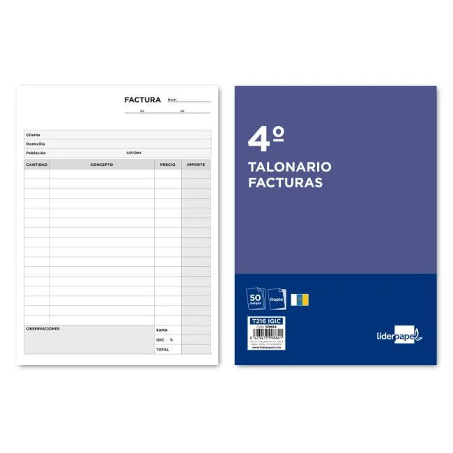 TALONARIO LIDERPAPEL FACTURAS CUARTO ORIGINAL Y COPIA T216 CON I.G....