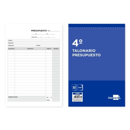 TALONARIO LIDERPAPEL PRESUPUESTO CUARTO ORIGINAL Y COPIA T230