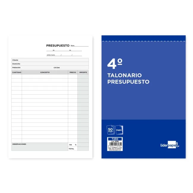 TALONARIO LIDERPAPEL PRESUPUESTO CUARTO ORIGINAL Y COPIA T230