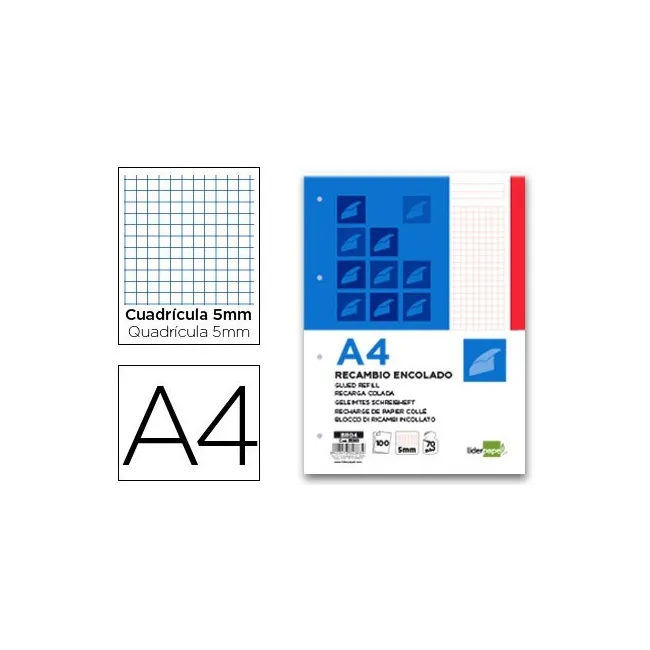 BLOC ENCOLADO LIDERPAPEL CUADRO 5MM ROJO A4 NATURAL 100 HOJAS 70 G/M2