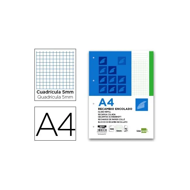 BLOC ENCOLADO LIDERPAPEL CUADRO 5MM VERDE A4 NATURAL 100 HOJAS 70 G/M2