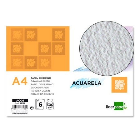 PAPEL DIBUJO LIDERPAPEL 210X297MM 300G/M2 ACUARELA PACK DE 6