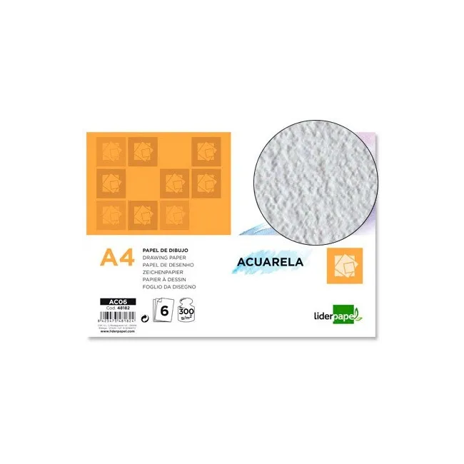 PAPEL DIBUJO LIDERPAPEL 210X297MM 300G/M2 ACUARELA PACK DE 6
