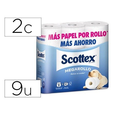 PAPEL HIGIENICO SCOTTEX MEGARROLLO DOBLE LARGO PAQUETEDE 9 ROLLOS