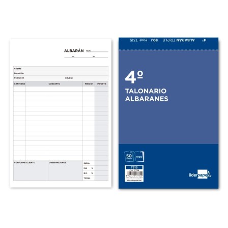 TALONARIO LIDERPAPEL ALBARAN CUARTO ORIGINAL Y DOS COPIAS T315