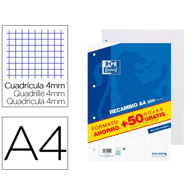 RECAMBIO OXFORD DIN A4 200 + 50 HOJAS GRATIS CUADRO 4 MM CON MARGEN