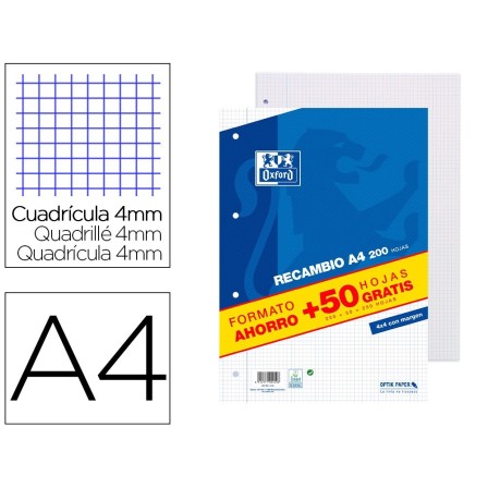 RECAMBIO OXFORD DIN A4 200 + 50 HOJAS GRATIS CUADRO 4 MM CON MARGEN