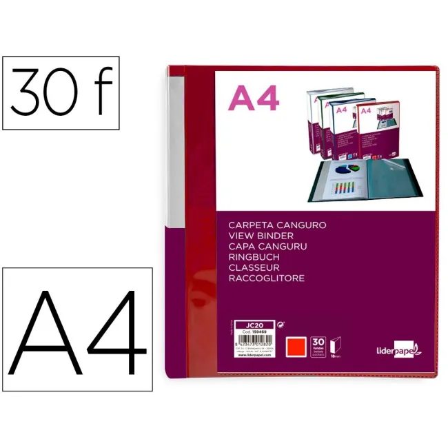 CARPETA LIDERPAPEL 30 FUNDAS CANGURO PP DIN A4 ROJO TRANSLUCIDO POR...