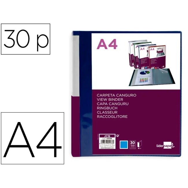 CARPETA LIDERPAPEL 30 FUNDAS CANGURO PP DIN A4 AZUL TRANSLUCIDO POR...