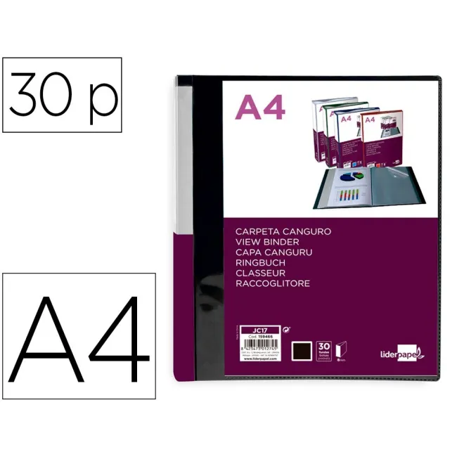CARPETA LIDERPAPEL 30 FUNDAS CANGURO PP DIN A4 NEGRO OPACO PORTADA ...
